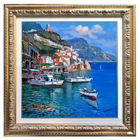 Painting, Reflections in Amalfi square version - Amalfitan Coast painting & frame, Vincenzo Somma