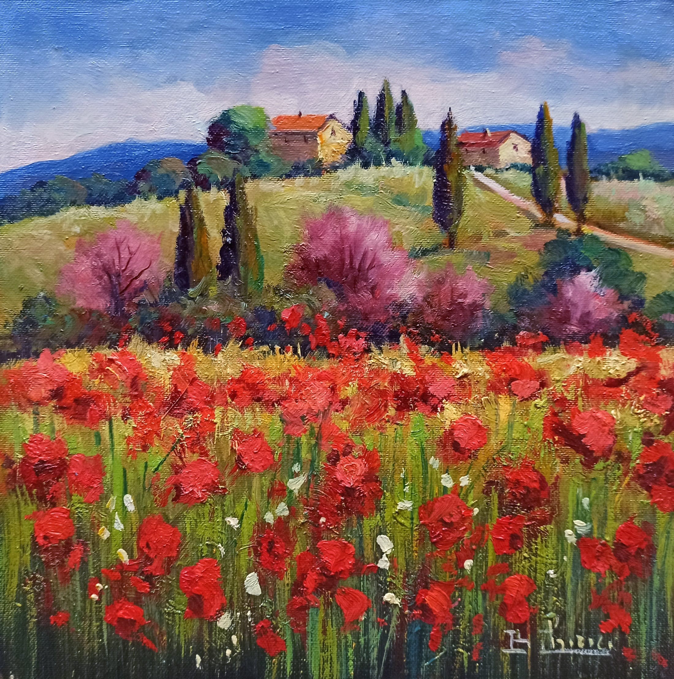 Bruno Chirici, Poppies in bloom - Tuscany painting landscape Bruno Chirici, Poppies in bloom - Tuscany painting landscape