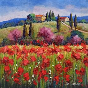 Pintura, Poppies in bloom - Tuscany painting landscape, Bruno Chirici