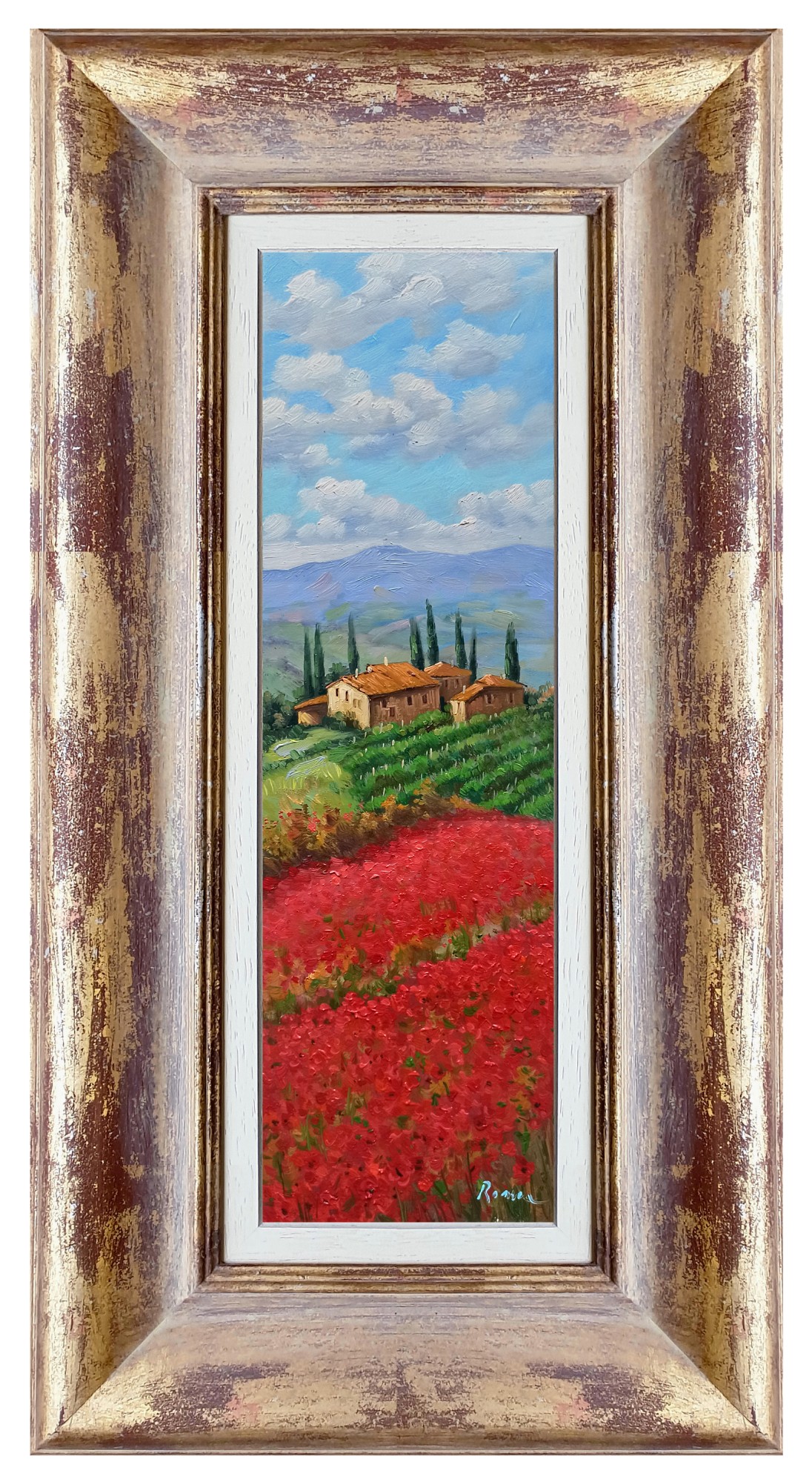 Domenico Ronca, Vertical poppies hill - Tuscany landscape painting & frame Domenico Ronca, Vertical poppies hill - Tuscany landscape painting & frame