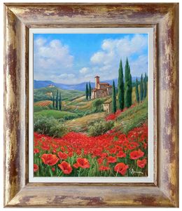 Gemälde, Red passion in the countryside - Tuscany landscape & frame, Domenico Ronca