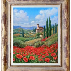 Painting, Red passion in the countryside - Tuscany landscape & frame, Domenico Ronca