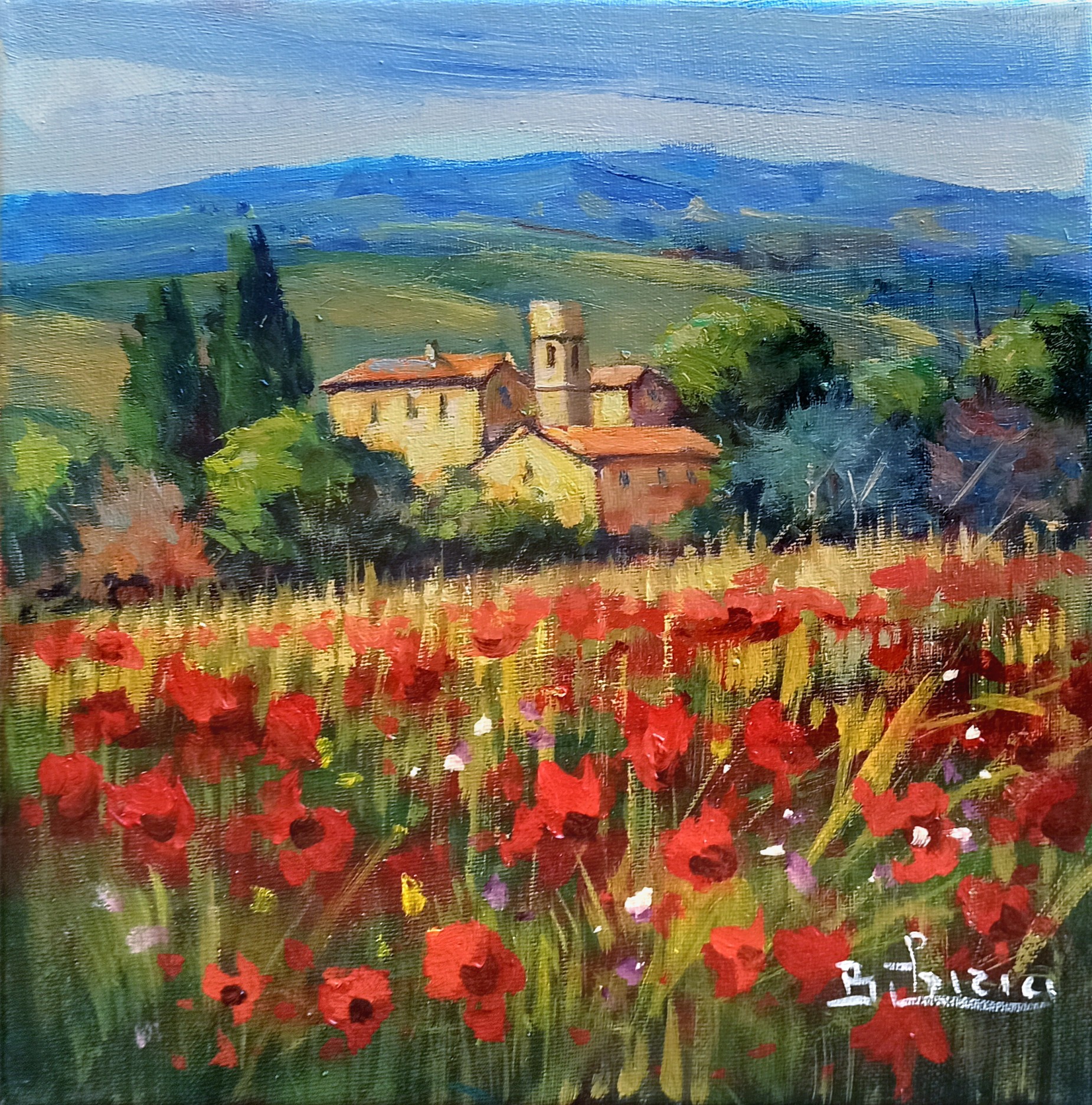 Bruno Chirici, Red poppies - Tuscany landscape painting Bruno Chirici, Red poppies - Tuscany landscape painting