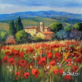 Gemälde, Red poppies - Tuscany landscape painting, Bruno Chirici