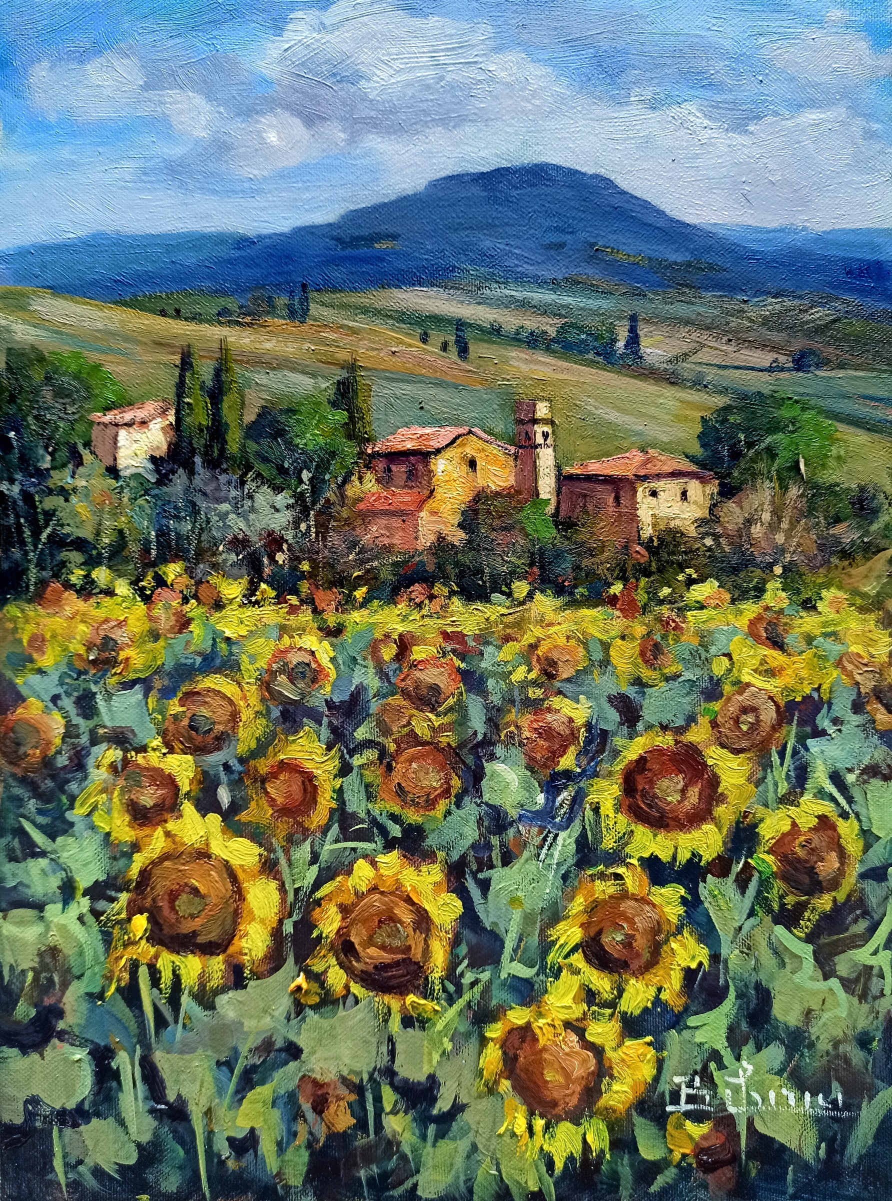 Bruno Chirici, Village among sunflowers - Tuscany landscape Bruno Chirici, Village among sunflowers - Tuscany landscape
