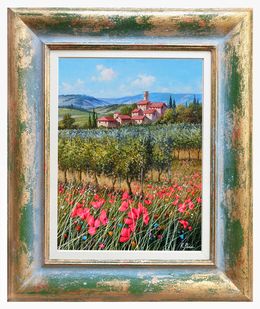 Gemälde, The vineyard of hamlet "little version" - Tuscany landscape painting & frame, Raimondo Pacini