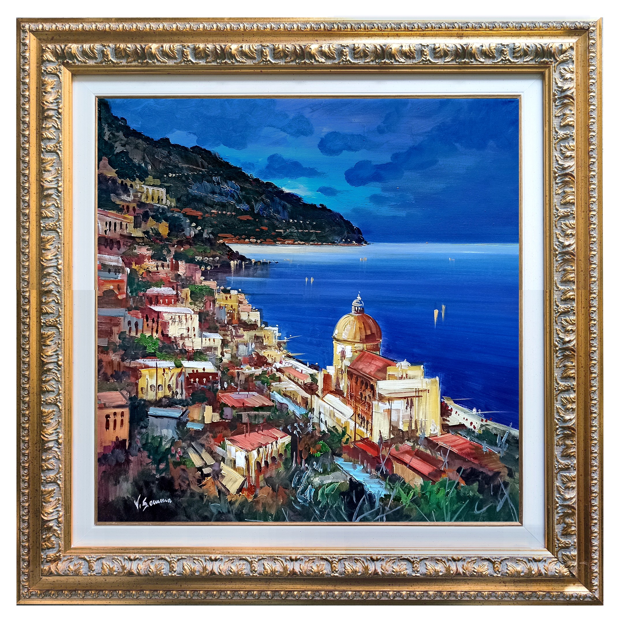 Vincenzo Somma, Night in Positano square version - Amalfitan Coast painting & frame Vincenzo Somma, Night in Positano square version - Amalfitan Coast painting & frame