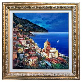 Painting, Night in Positano square version - Amalfitan Coast painting & frame, Vincenzo Somma