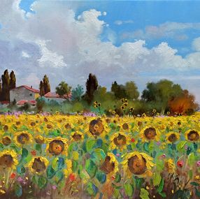 Gemälde, Sunflowers - Tuscany landscape painting, Andrea Borella