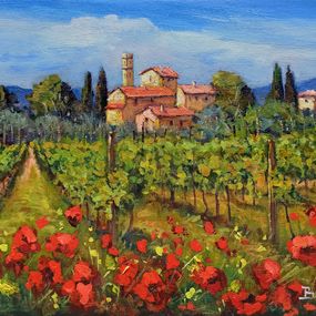Gemälde, Flowering in the vineyard - Tuscany landscape painting, Bruno Chirici