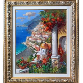 Peinture, View from the terrace (vertical version) - Positano painting & frame, Vincenzo Somma