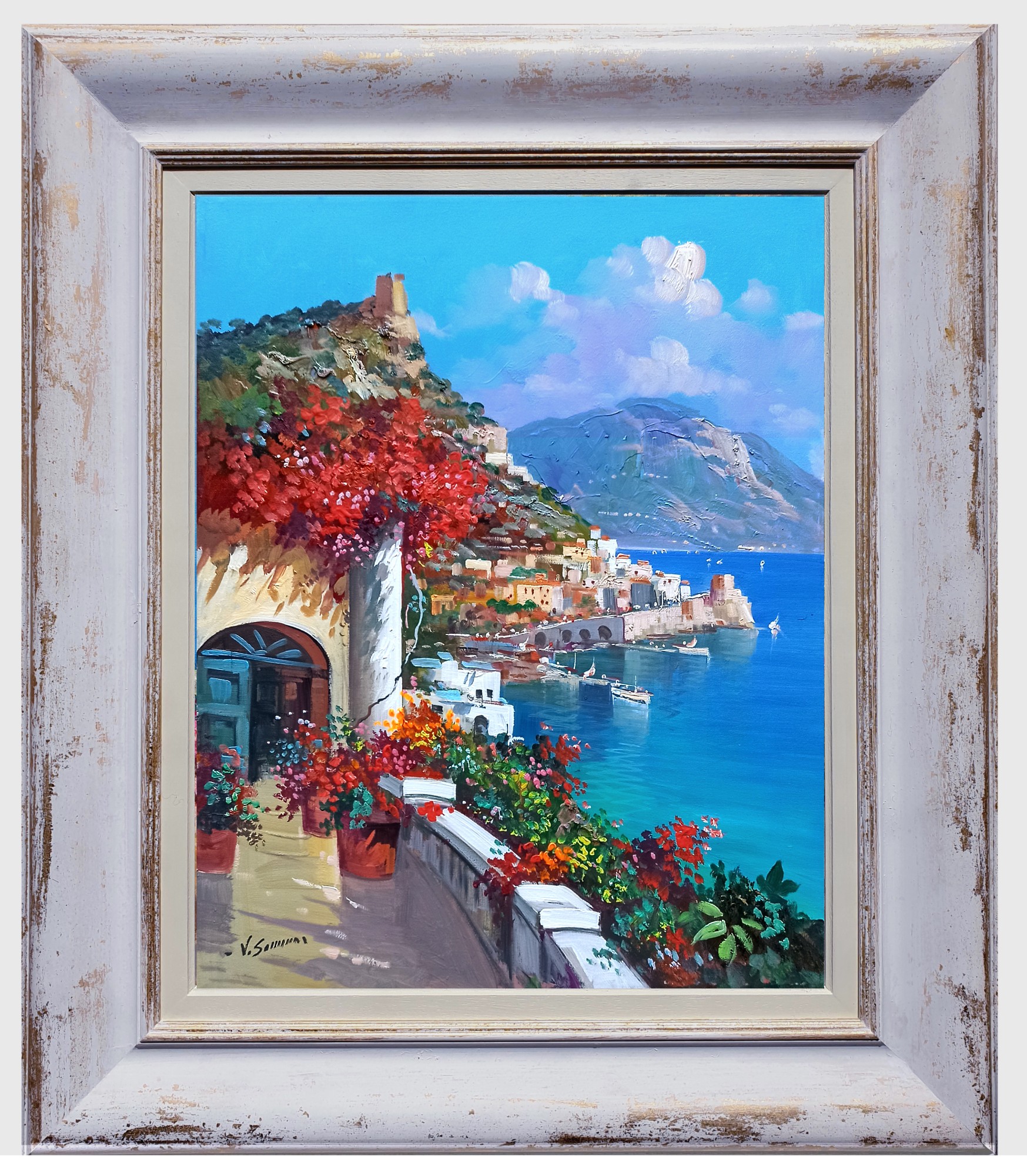 Vincenzo Somma, Terrace on the sea vertical - Amalfi Italy painting & frame Vincenzo Somma, Terrace on the sea vertical - Amalfi Italy painting & frame