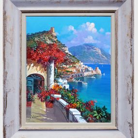 Painting, Terrace on the sea vertical - Amalfi Italy painting & frame, Vincenzo Somma