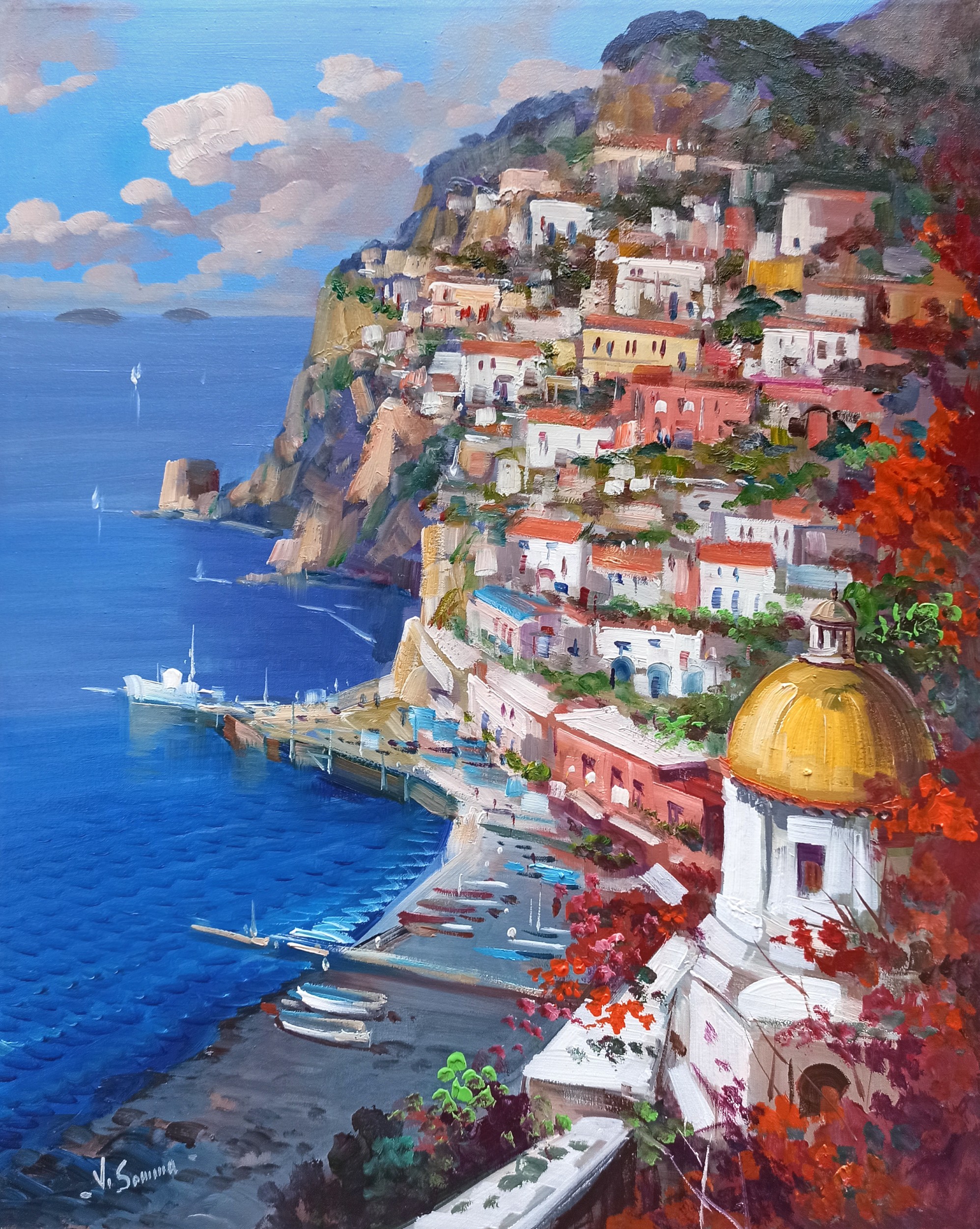 Vincenzo Somma, Positano coast view - Southern Italy painting Vincenzo Somma, Positano coast view - Southern Italy painting