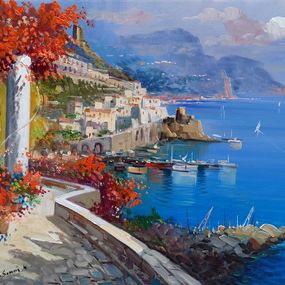 Peinture, Amalfi flowery road - Southern Italy painting, Vincenzo Somma