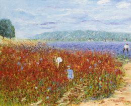 Pintura, Coquelicots et lavande dans le Lubéron - série Paysage impressioniste, Monique Laville