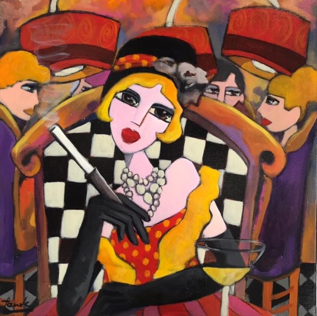 Martine Fauve Dechavanne, Femme au fume cigarette et à la coupe de champagne Martine Fauve Dechavanne, Femme au fume cigarette et à la coupe de champagne