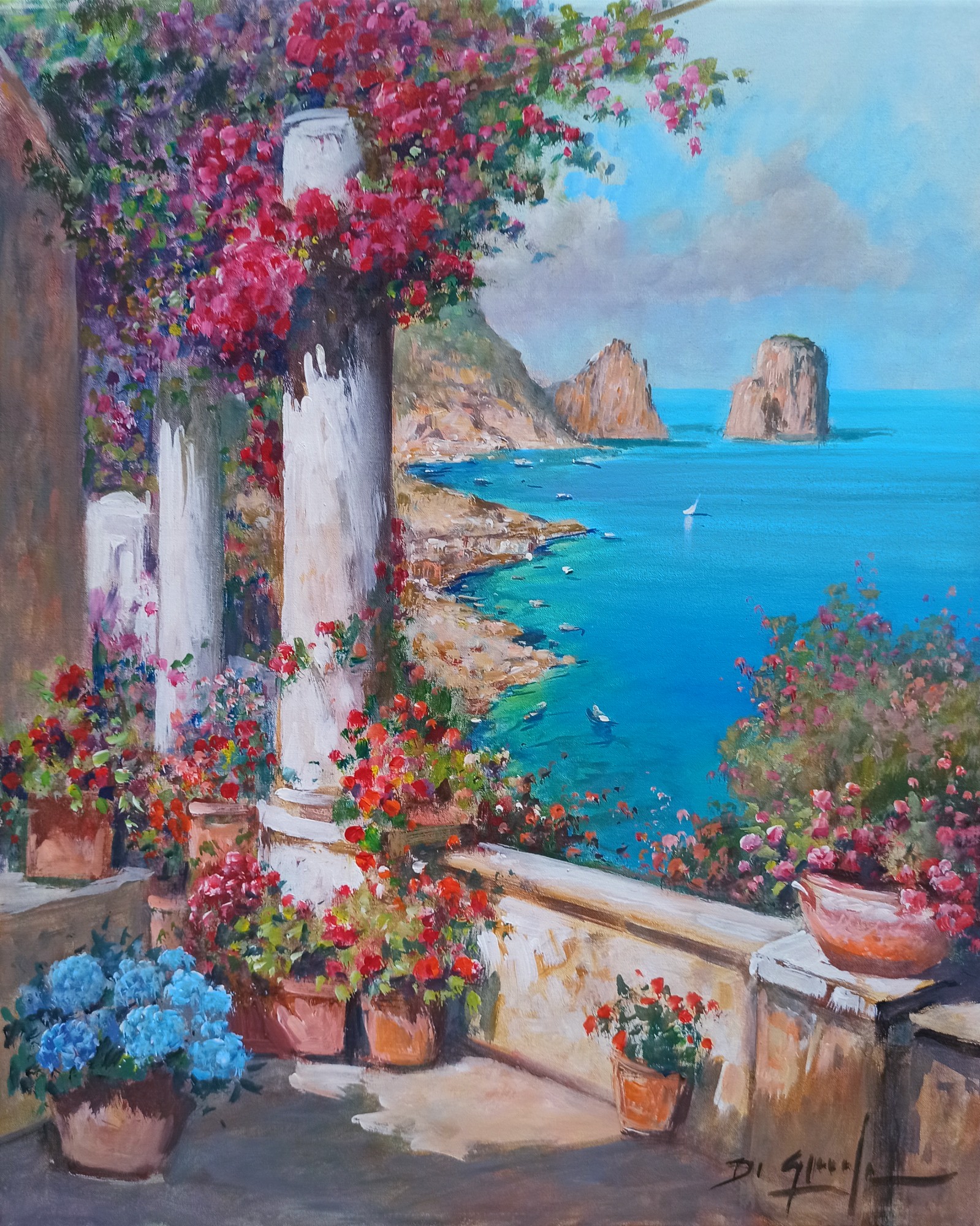 Gianni Di Guida, Capri terrace with flowers - Southern Italy painting Gianni Di Guida, Capri terrace with flowers - Southern Italy painting