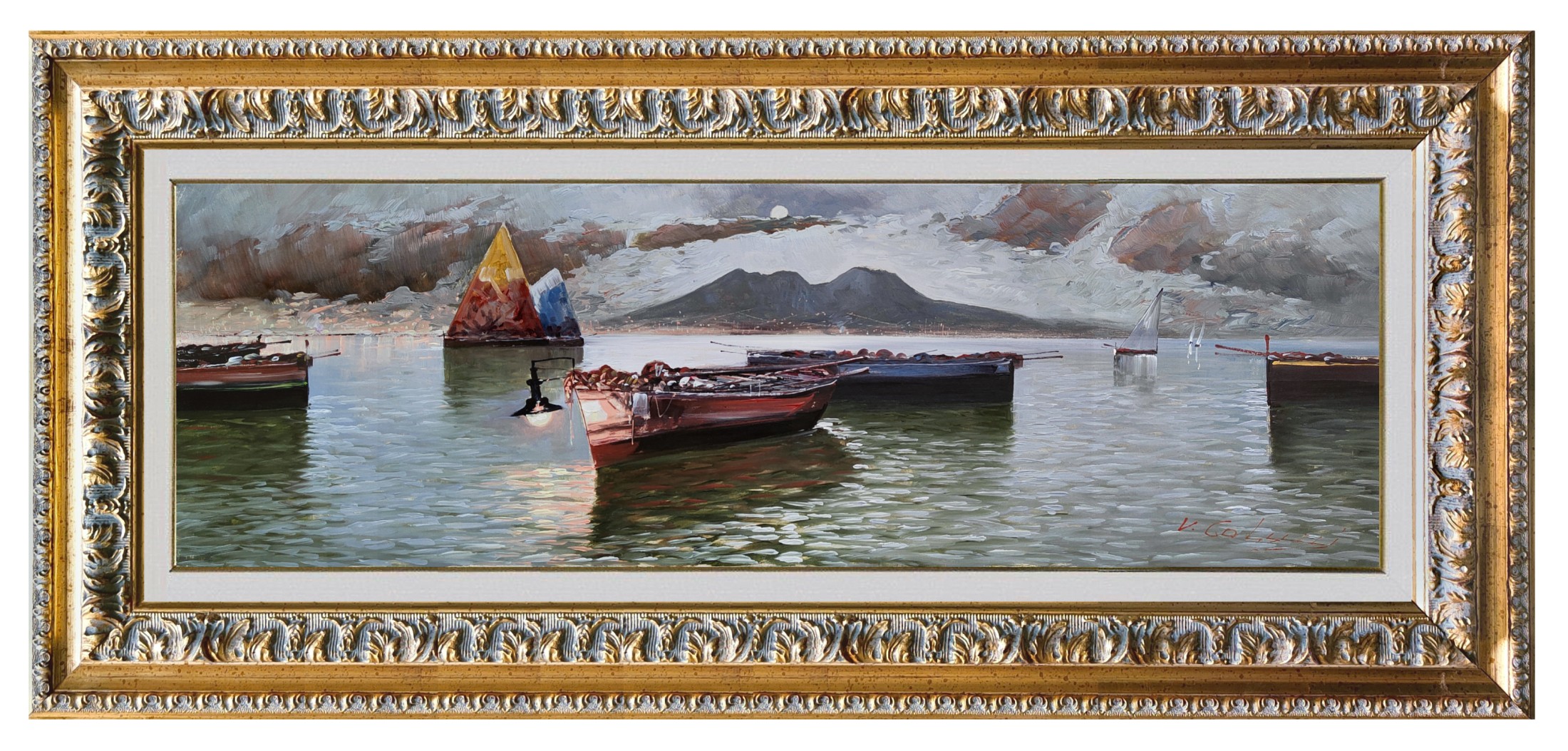 Vittorio Colucci, Nocturne seaside with sails - Southern Italy painting & frame Vittorio Colucci, Nocturne seaside with sails - Southern Italy painting & frame