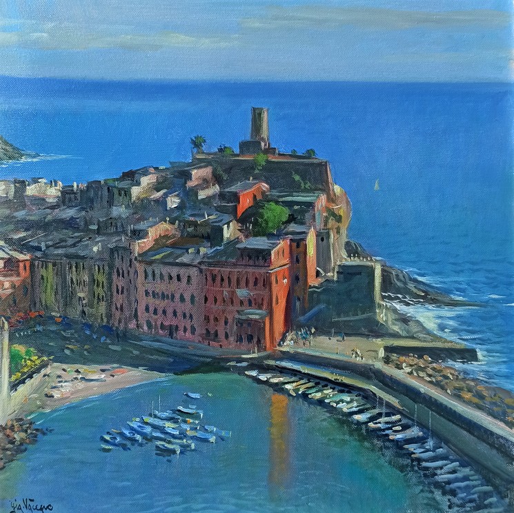Giacomo Vaccaro, Vernazza air view - Cinque terre painting, Painting on canvas