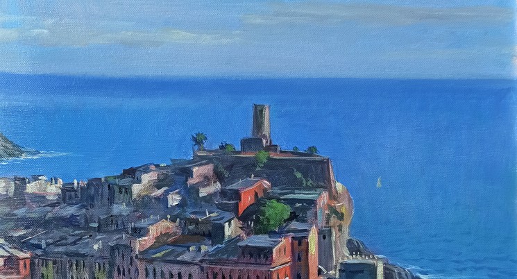 Giacomo Vaccaro, Vernazza air view - Cinque terre painting, Painting on canvas