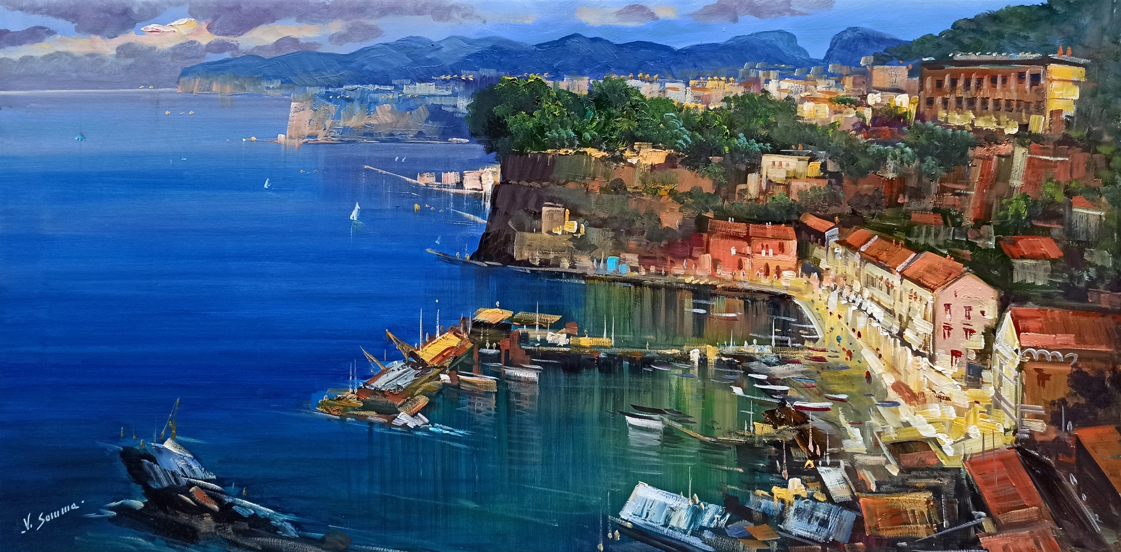 Vincenzo Somma, Sorrento lights on the gulf - panoramic version Italy painting Vincenzo Somma, Sorrento lights on the gulf - panoramic version Italy painting
