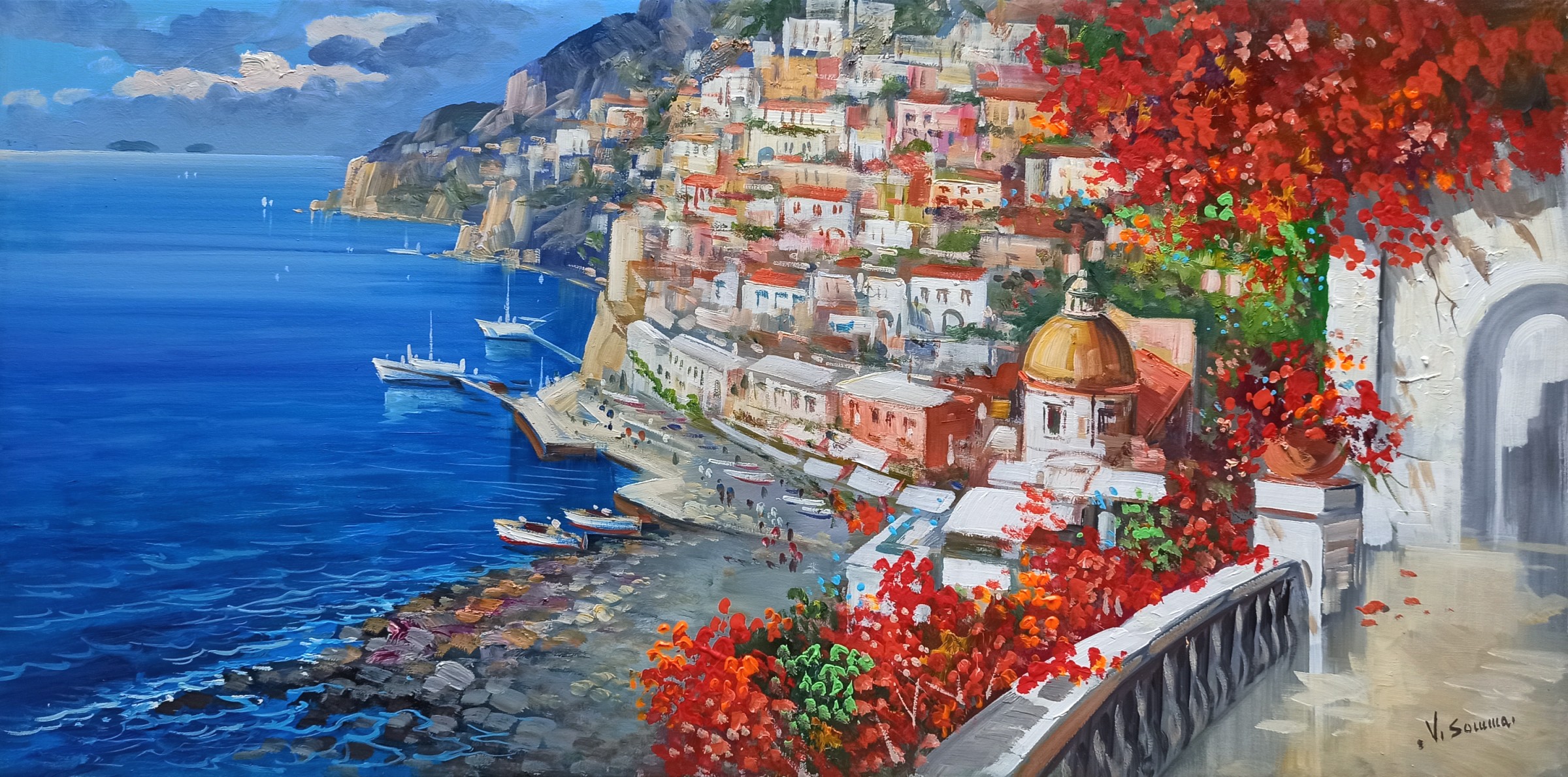 Vincenzo Somma, Positano red flowers - panoramic version Italy painting Vincenzo Somma, Positano red flowers - panoramic version Italy painting
