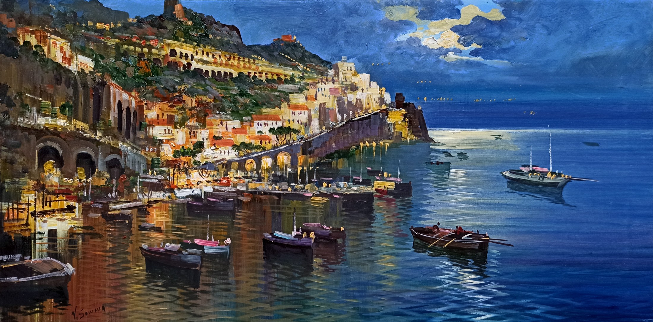Vincenzo Somma, Amalfi town by night - panoramic version Italy painting Vincenzo Somma, Amalfi town by night - panoramic version Italy painting