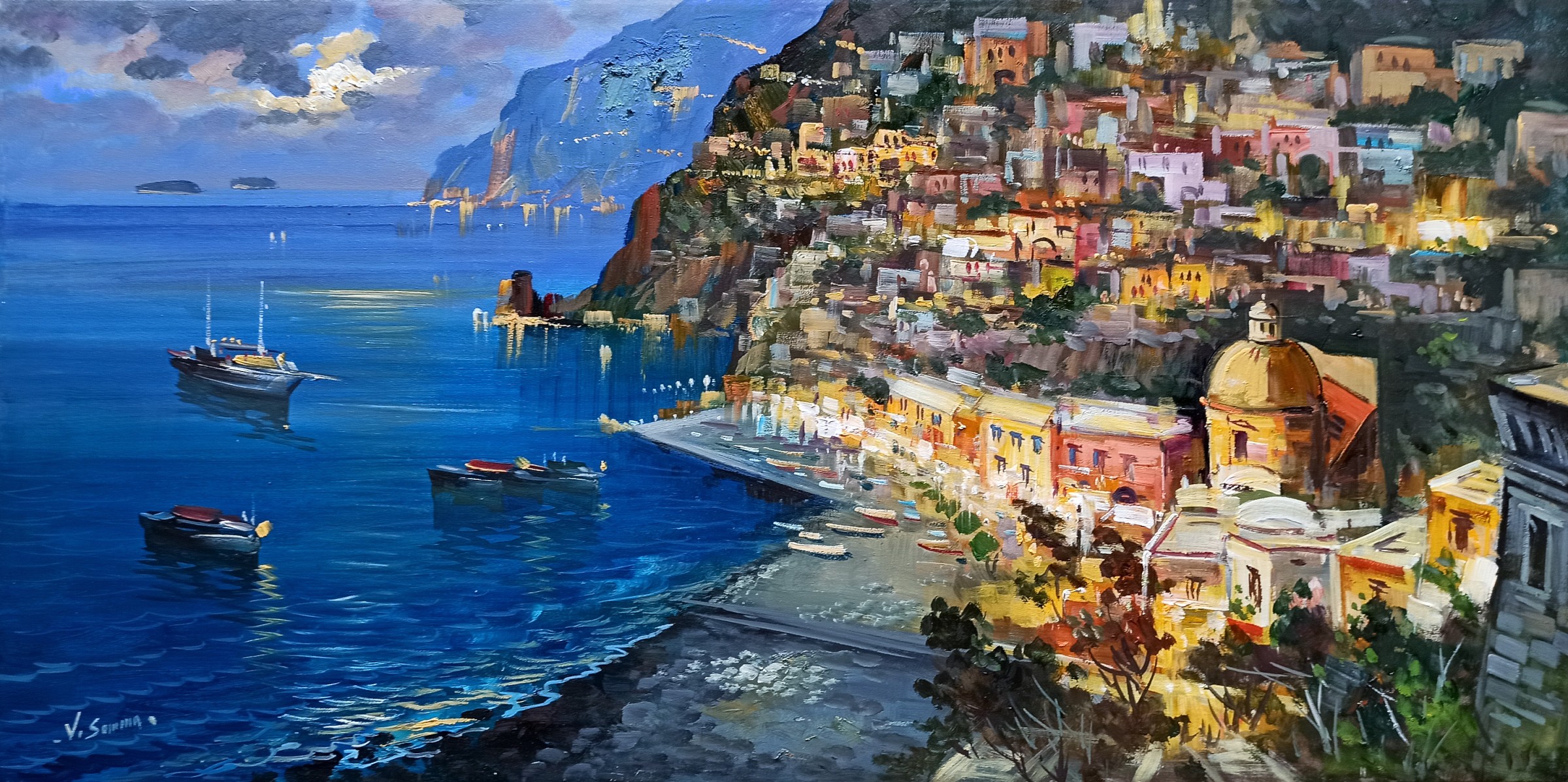Vincenzo Somma, Positano evening on the coast - panoramic version Italy painting Vincenzo Somma, Positano evening on the coast - panoramic version Italy painting