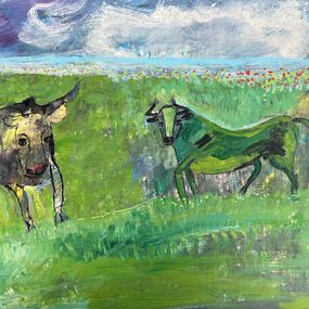 Gemälde, Stiere auf der Weide - bulls in the pasture (90), Petra Rattay