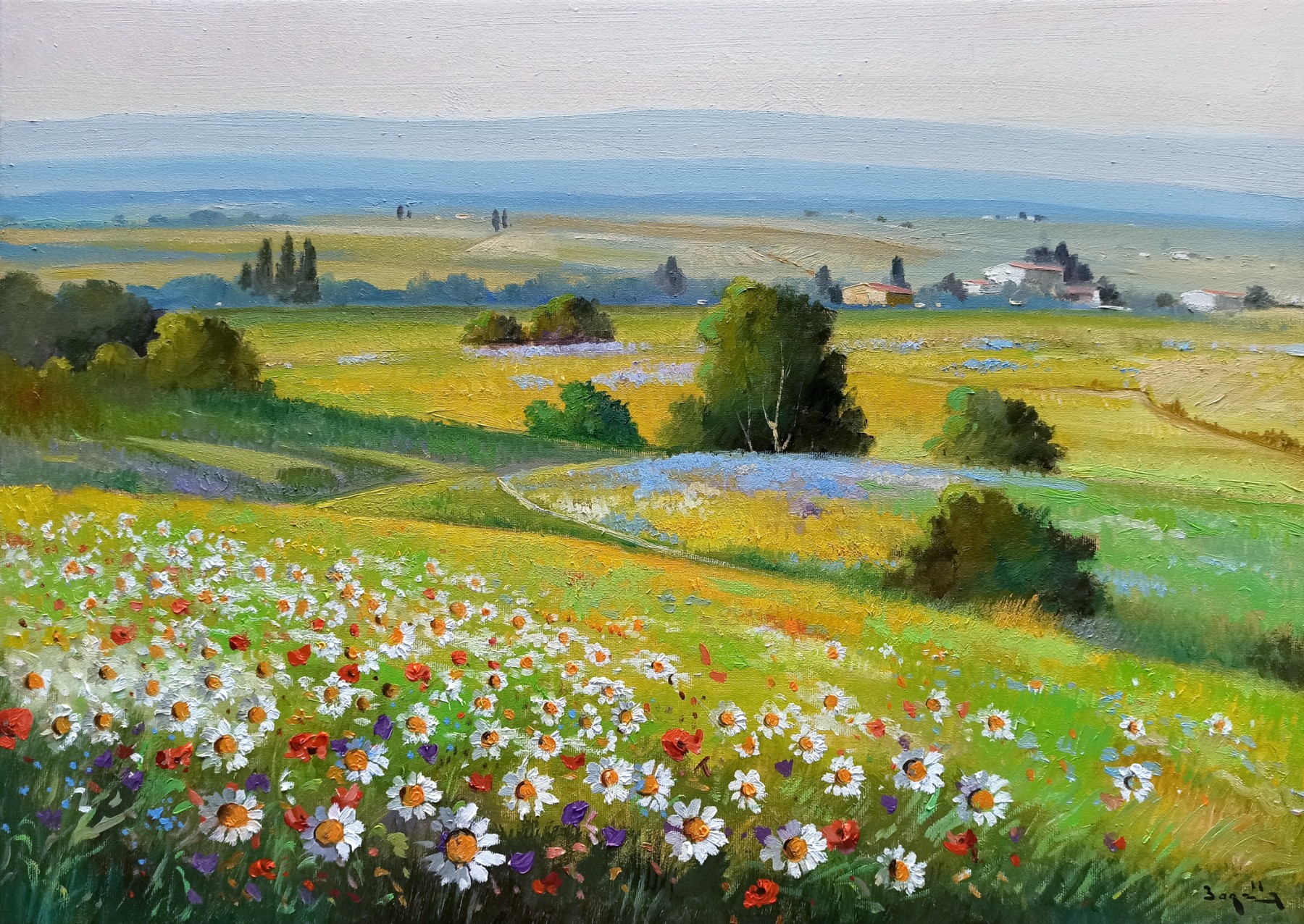 Andrea Borella, Countryside with flowers - Tuscany landscape painting Andrea Borella, Countryside with flowers - Tuscany landscape painting