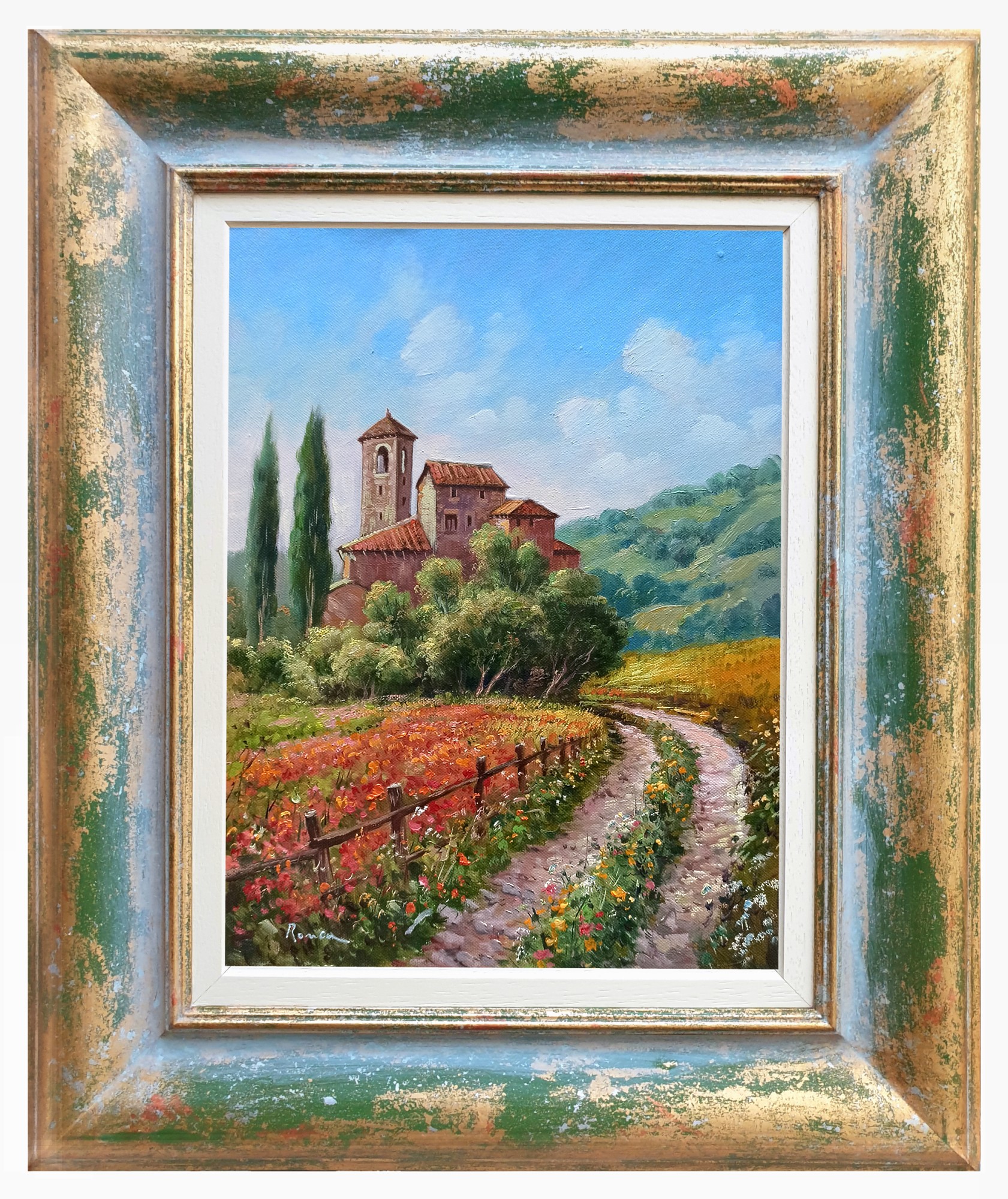 Domenico Ronca, Enchanted hamlet n°2 - Tuscany landscape painting & frame Domenico Ronca, Enchanted hamlet n°2 - Tuscany landscape painting & frame