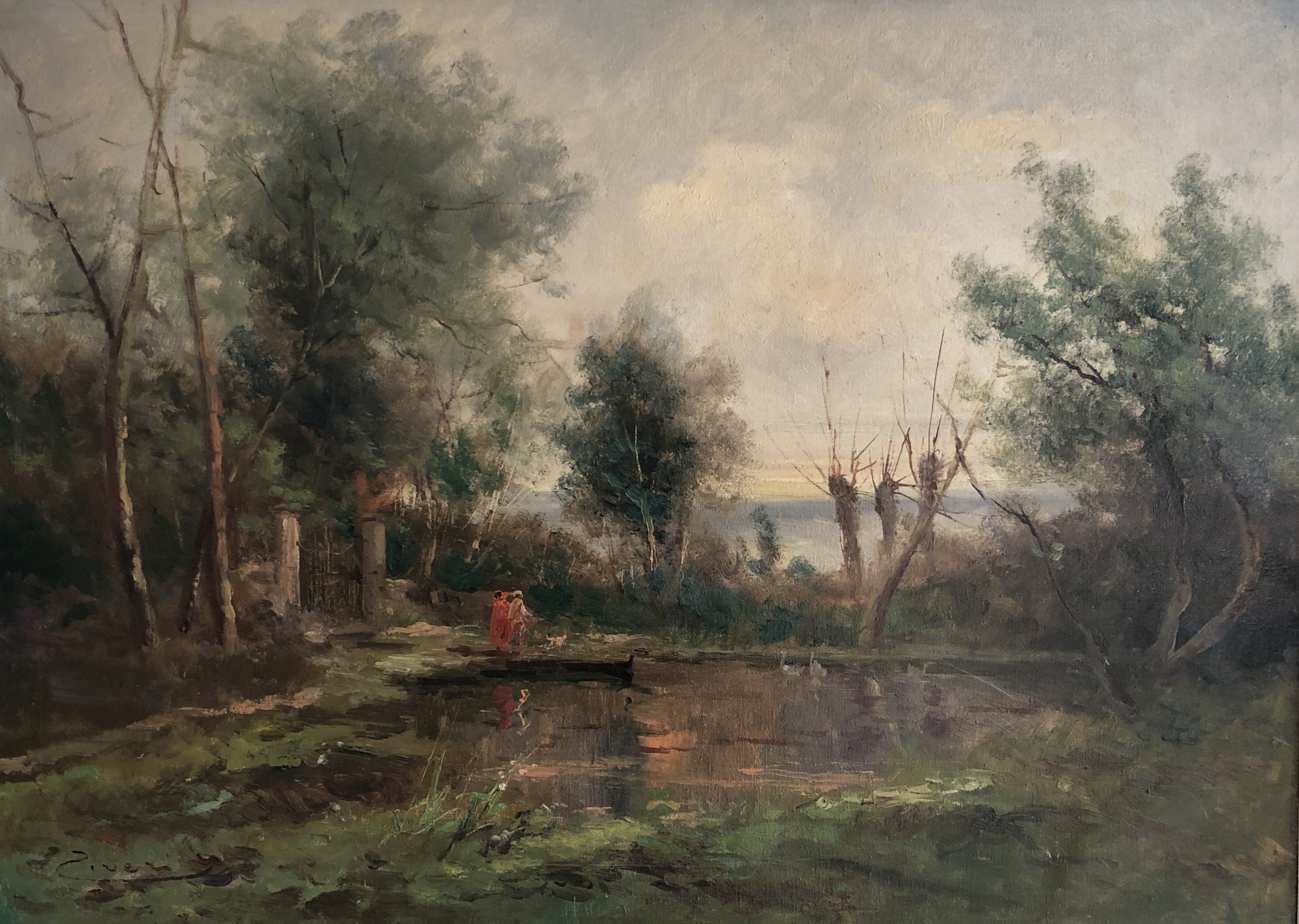 Ziveri, Couple en balade au bord de l'étang avec chien et cygnes Ziveri, Couple en balade au bord de l'étang avec chien et cygnes