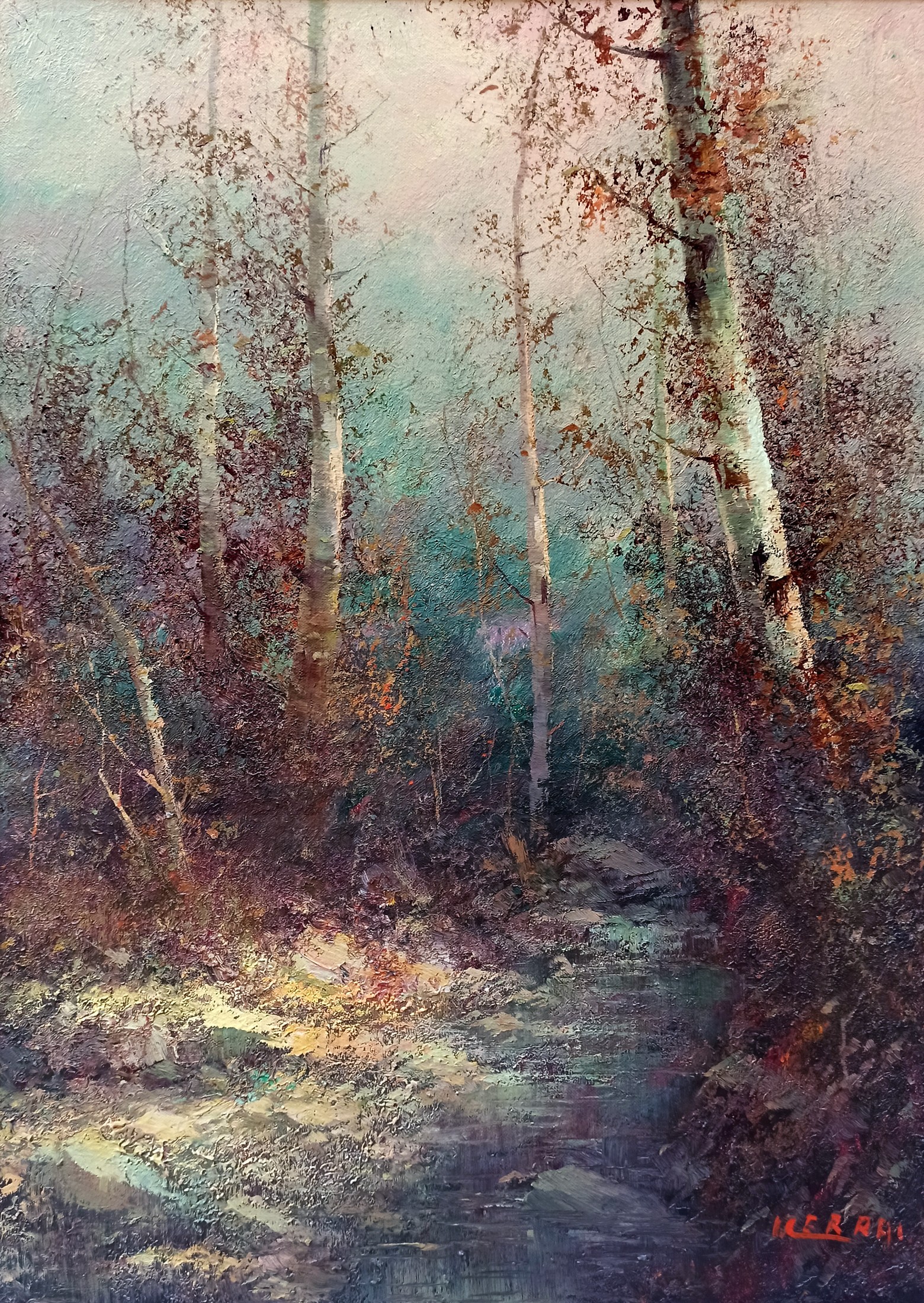 Ivo Cerrai, Stream in the woods - Italian surrealist old painting Ivo Cerrai, Stream in the woods - Italian surrealist old painting