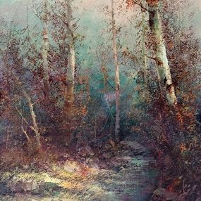 Gemälde, Stream in the woods - Italian surrealist old painting, Ivo Cerrai