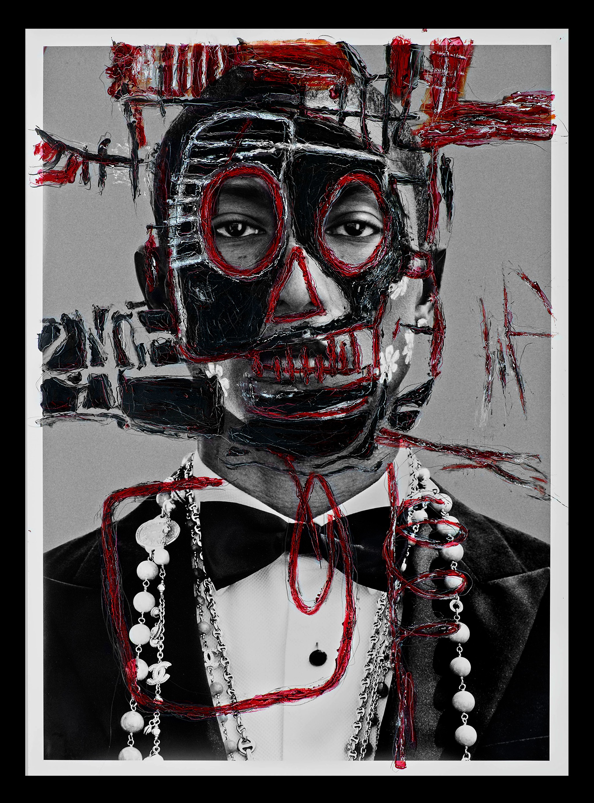 Hunter & Gatti, Pharrell B&W. Portrait intervened by the artists Hunter & Gatti, Pharrell B&W. Portrait intervened by the artists
