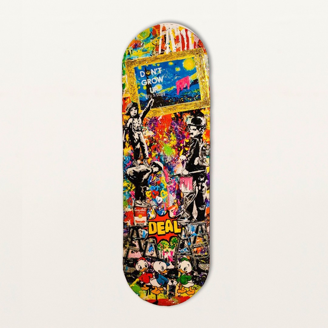 Haim Zanzouri, Don't Grow up (it's a trap) - Skateboard art - Hand made Haim Zanzouri, Don't Grow up (it's a trap) - Skateboard art - Hand made