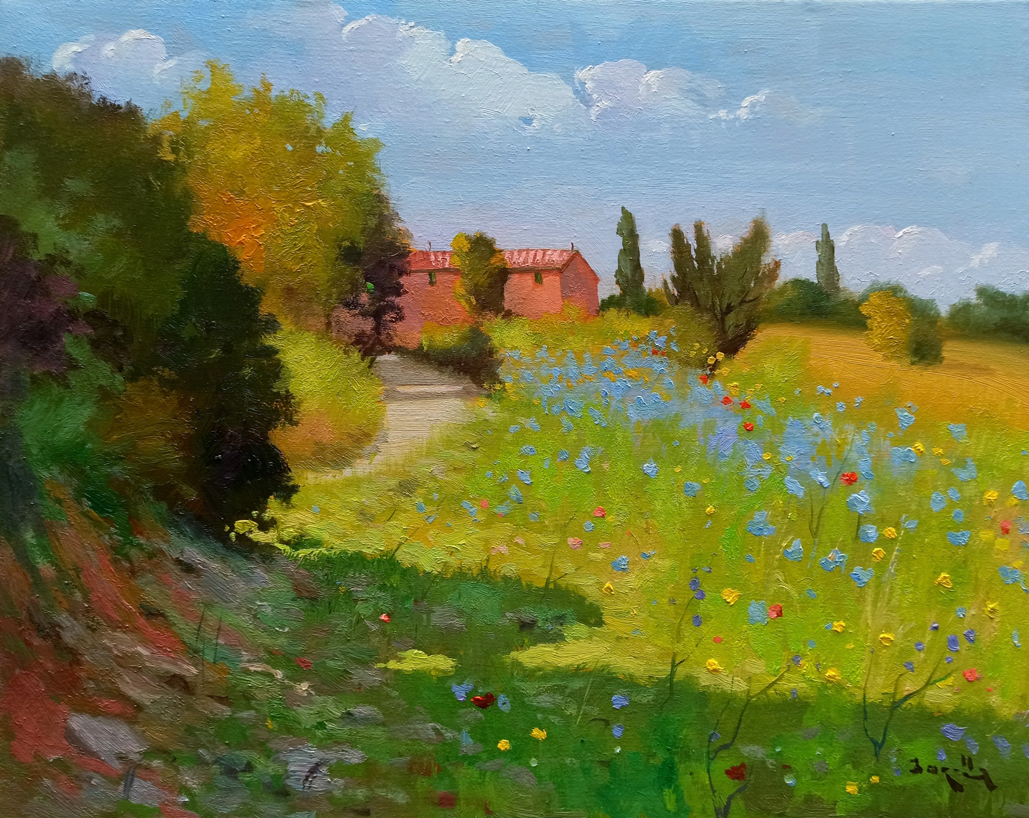 Andrea Borella, The red house with flowers - Tuscany painting landscape Andrea Borella, The red house with flowers - Tuscany painting landscape