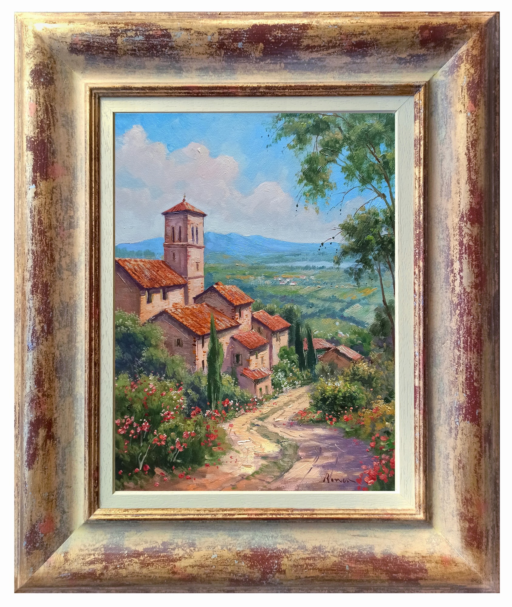 Domenico Ronca, The ancient village - Tuscany landscape painting & frame Domenico Ronca, The ancient village - Tuscany landscape painting & frame
