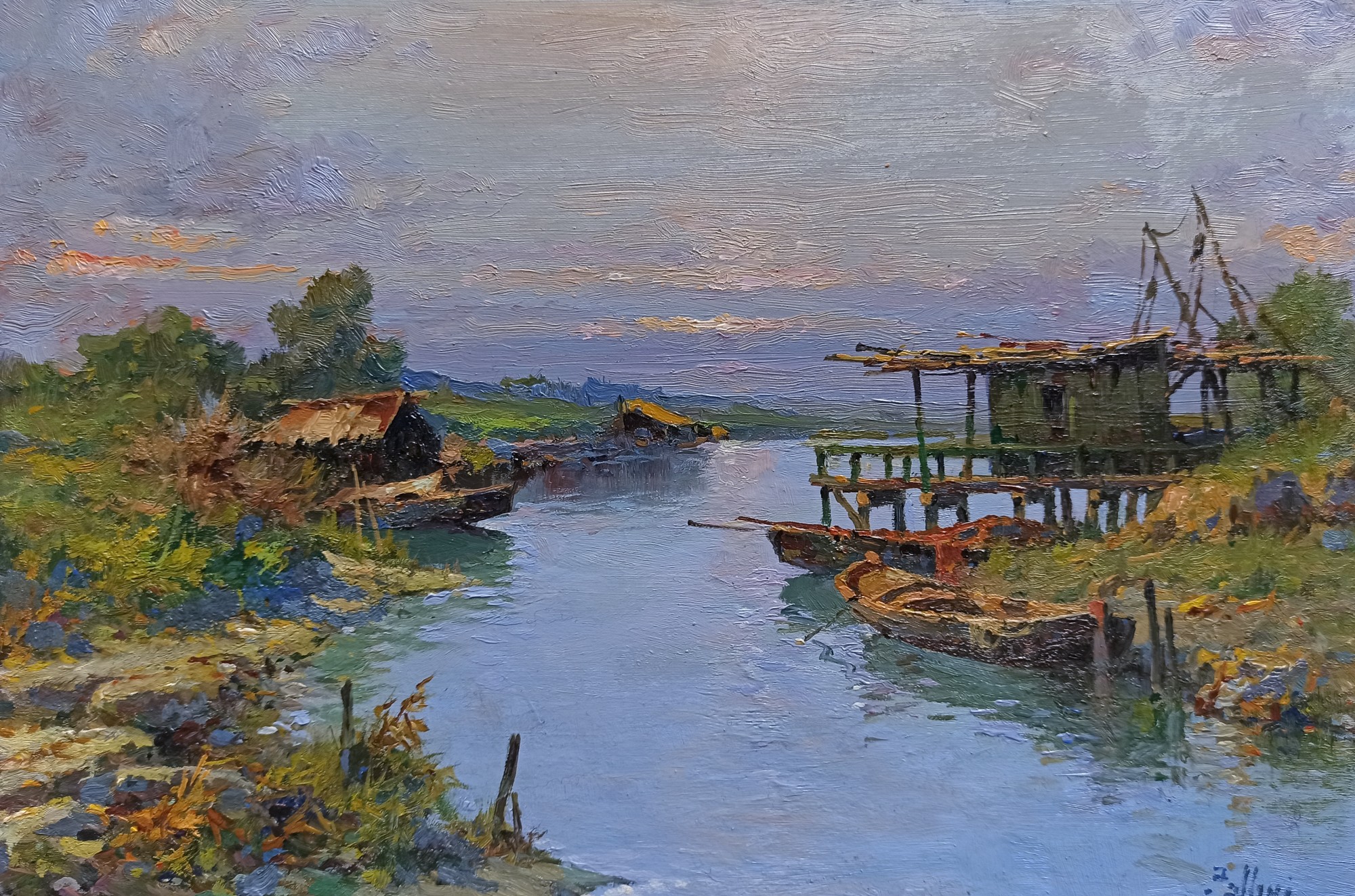 Claudio Pallini, Sunset on the river - Tuscany landscape painting Claudio Pallini, Sunset on the river - Tuscany landscape painting