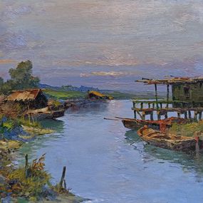 Gemälde, Sunset on the river - Tuscany landscape painting, Claudio Pallini