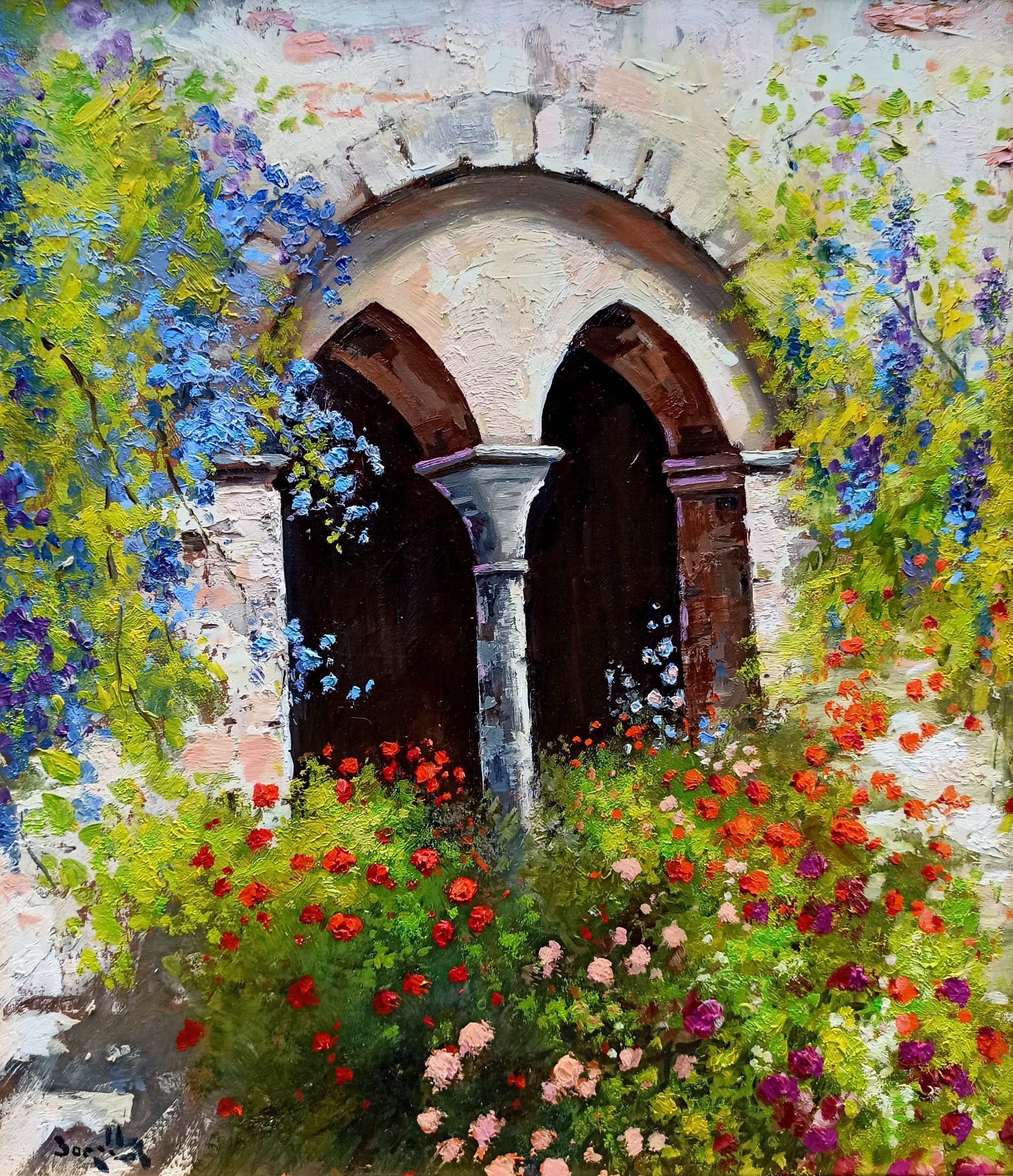 Andrea Borella, Mullioned window with flowers - Italian bifora painting Andrea Borella, Mullioned window with flowers - Italian bifora painting