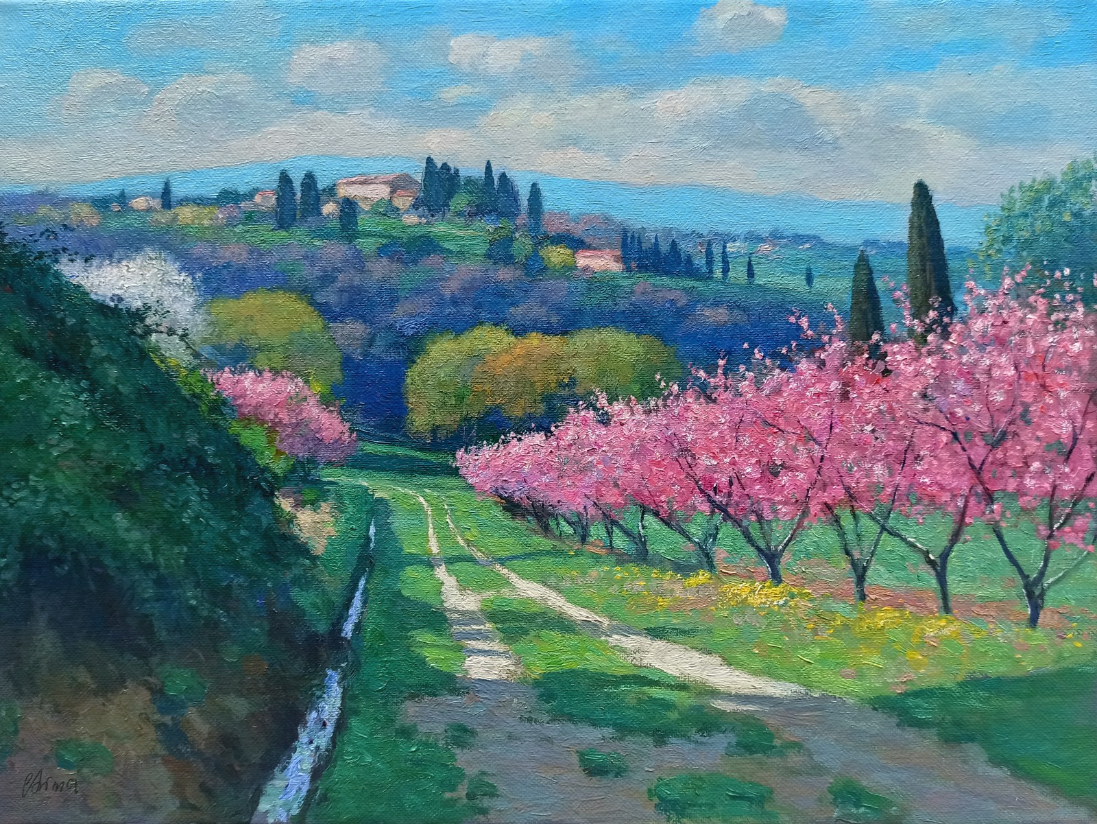 Riccardo Chirici, Flowery peach trees - Tuscany landscape painting Riccardo Chirici, Flowery peach trees - Tuscany landscape painting