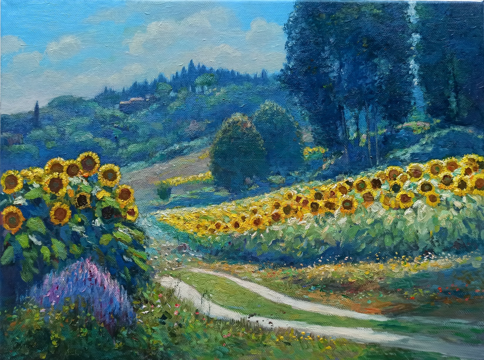Riccardo Chirici, Sunflowers landscape - Tuscany painting Riccardo Chirici, Sunflowers landscape - Tuscany painting