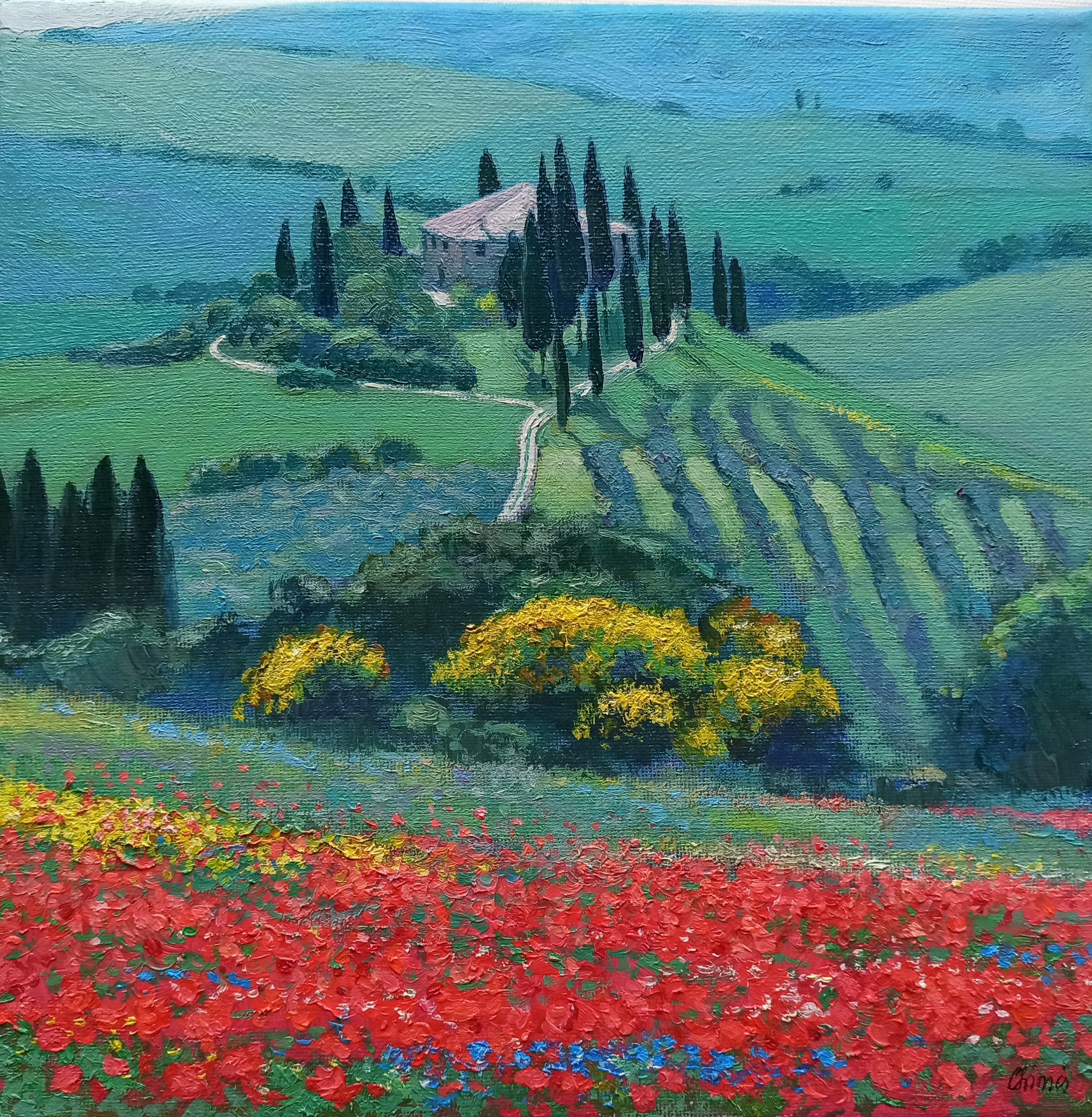 Riccardo Chirici, Spring in Val d'Orcia Siena - Tuscany landscape painting Riccardo Chirici, Spring in Val d'Orcia Siena - Tuscany landscape painting