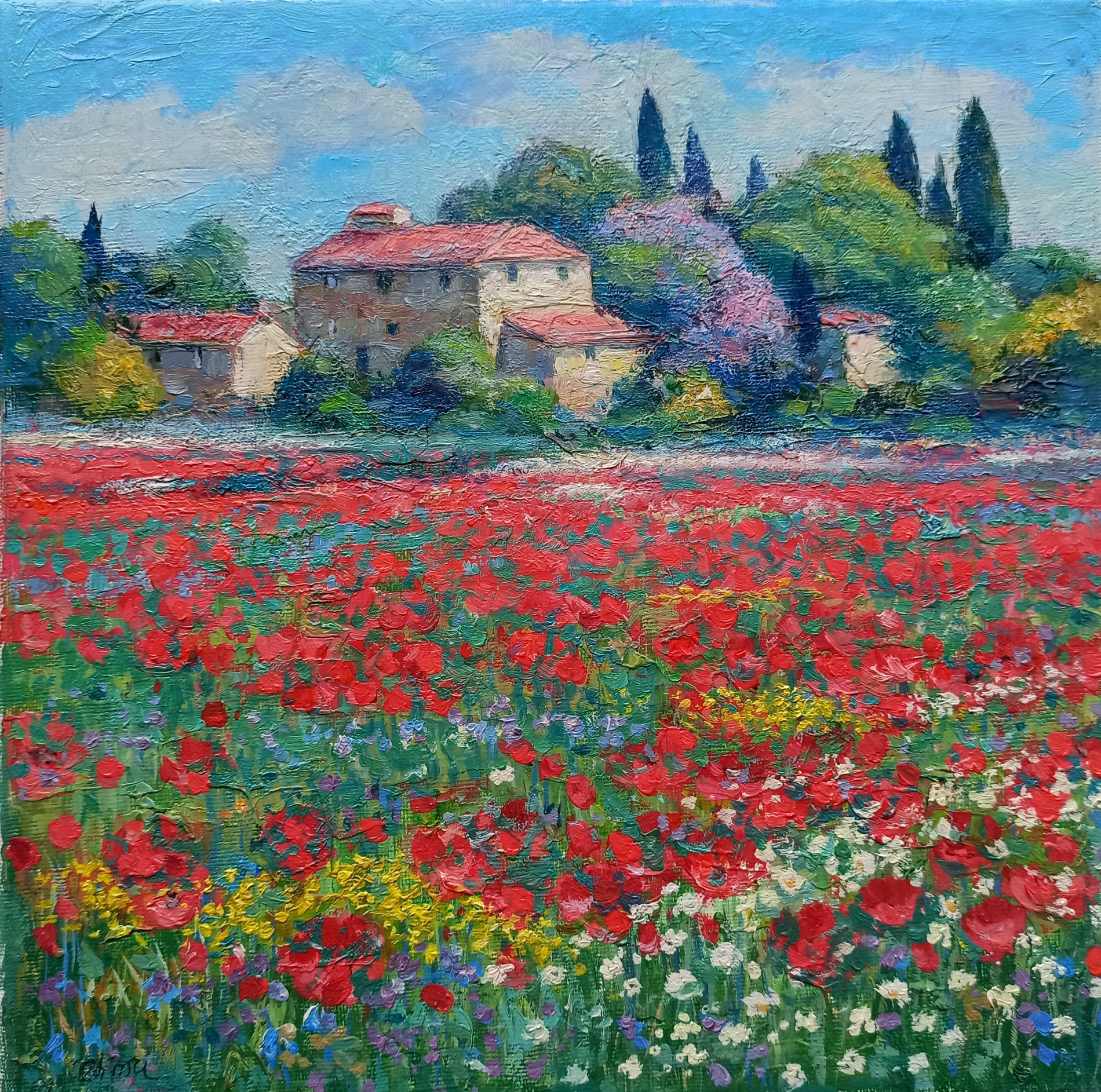 Riccardo Chirici, Poppies field - Tuscany landscape painting Riccardo Chirici, Poppies field - Tuscany landscape painting
