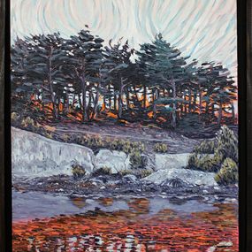 Gemälde, Pine trees with reflection, Yusuf Epcin