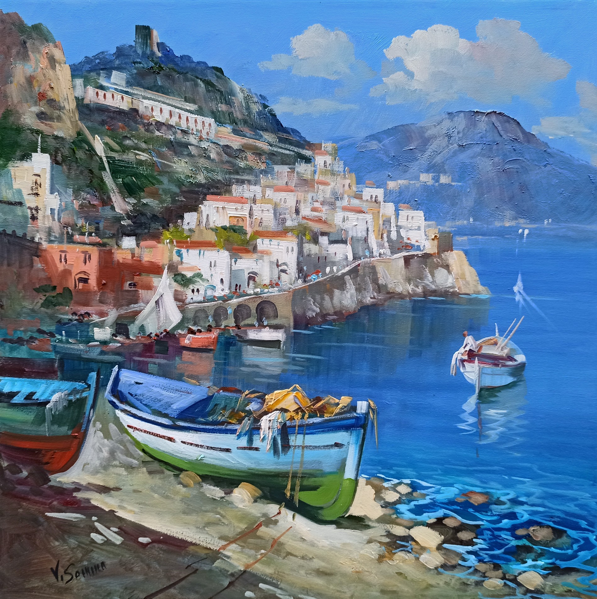 Vincenzo Somma, Beach with boats square version - Amalfi southern Italy painting Vincenzo Somma, Beach with boats square version - Amalfi southern Italy painting