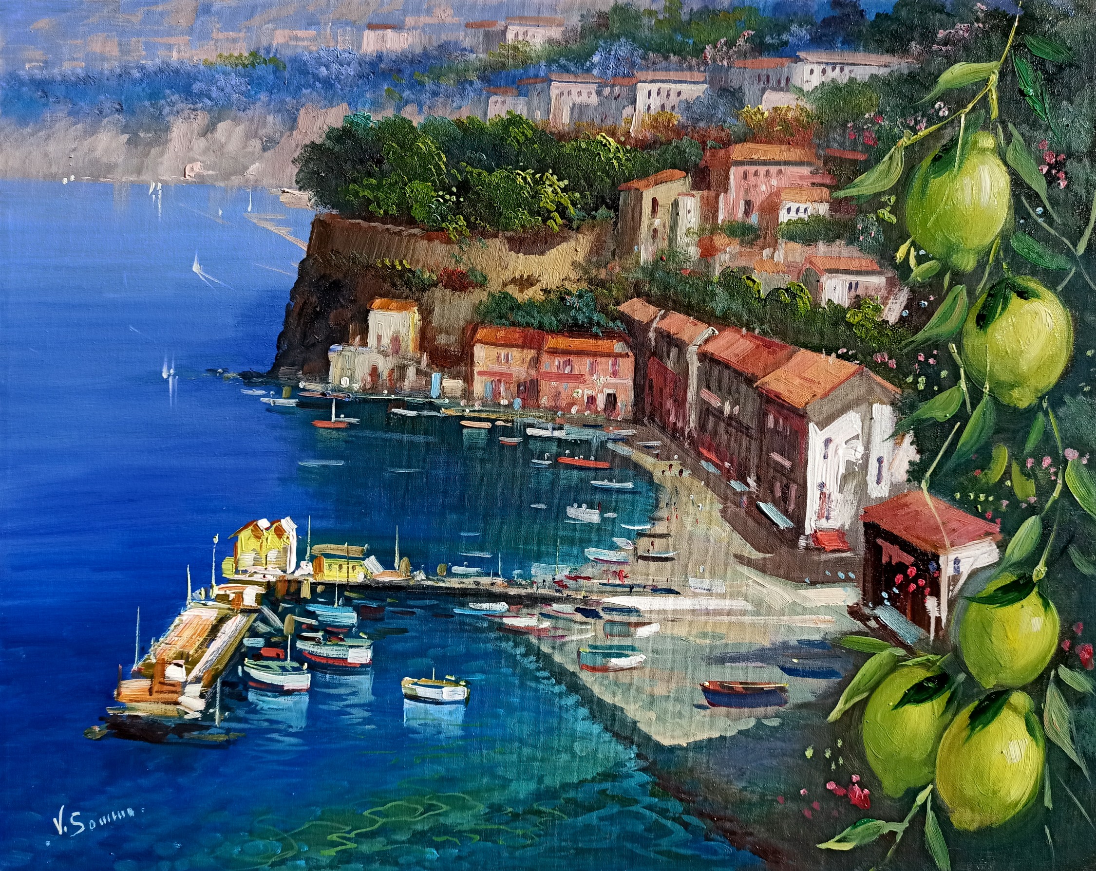 Vincenzo Somma, Sorrento seaside with lemons - Southern Italy painting Vincenzo Somma, Sorrento seaside with lemons - Southern Italy painting