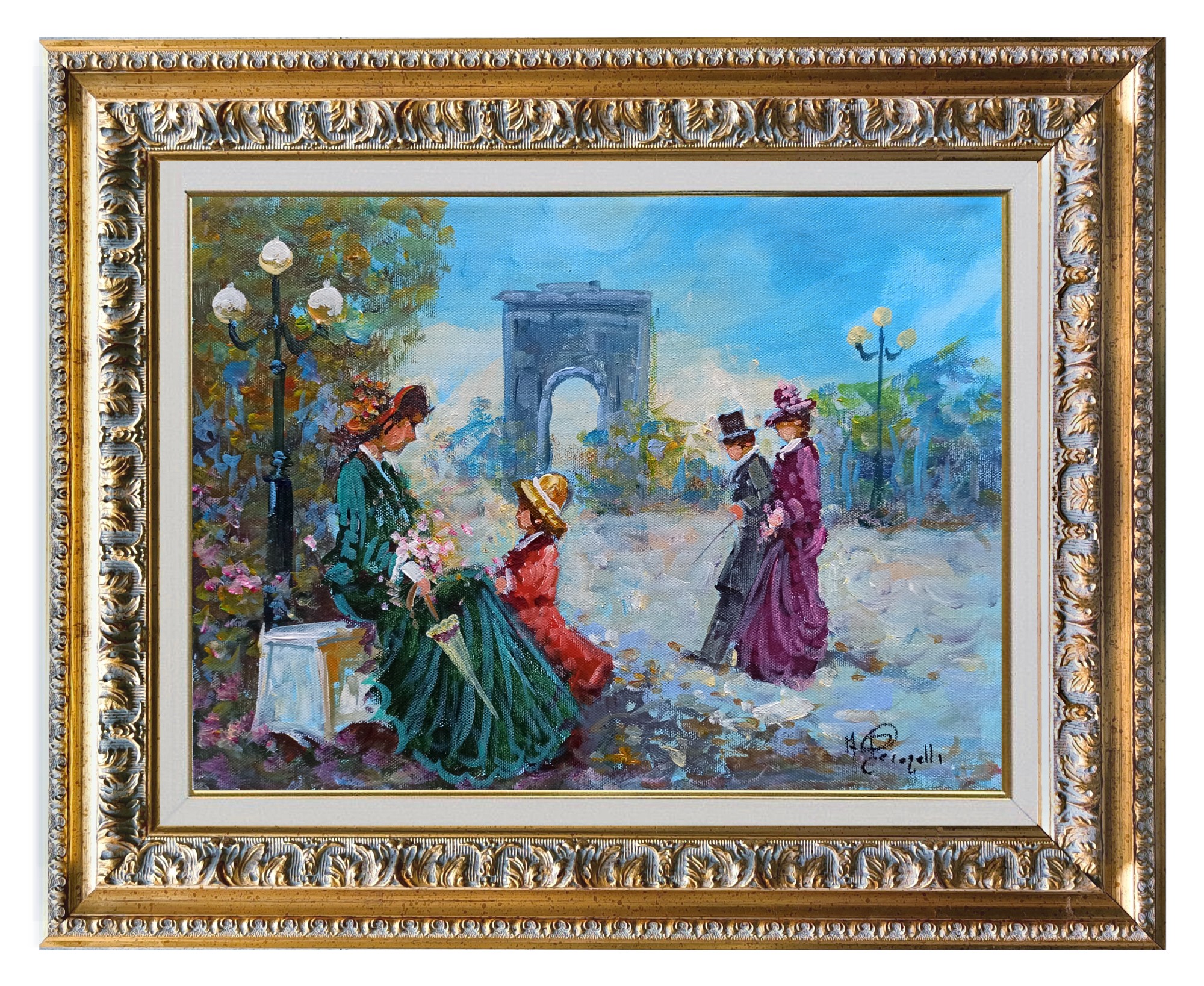 Antonio Pecorelli, Ar the Arc de Triomphe - France Belle Epoque painting + frame Antonio Pecorelli, Ar the Arc de Triomphe - France Belle Epoque painting + frame